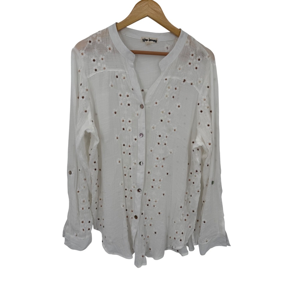 Hope Springs White Floral Embroidered Gauze Button Down Blouse XXL Boho Top